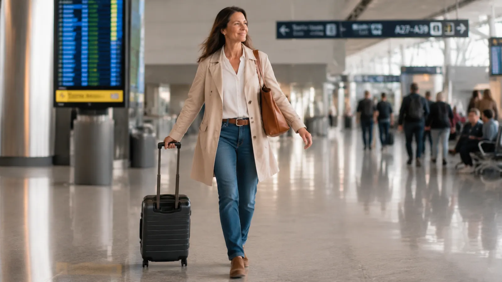 Traveler confidently walking through an airport terminal with a carry-on bag