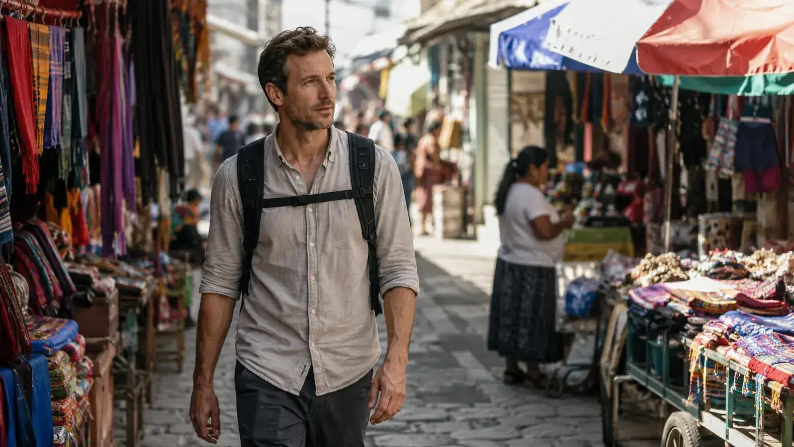 Traveler walking through a busy outdoor market with a packable daypack, looking relaxed