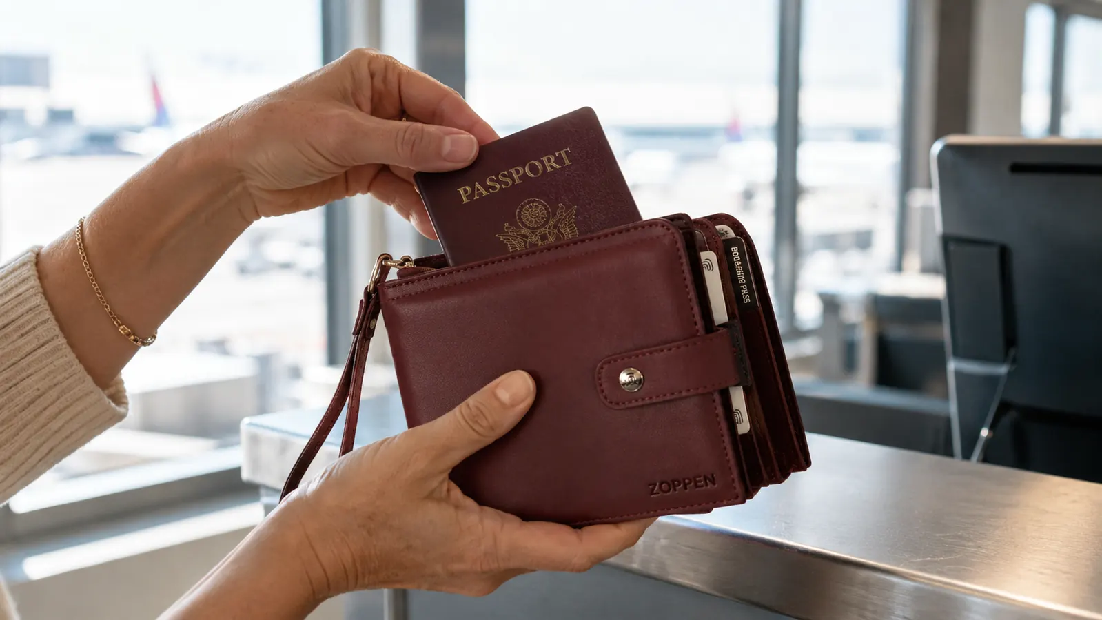 Traveler slipping a passport into a RFID blocking passport holder at an airport check-in counter