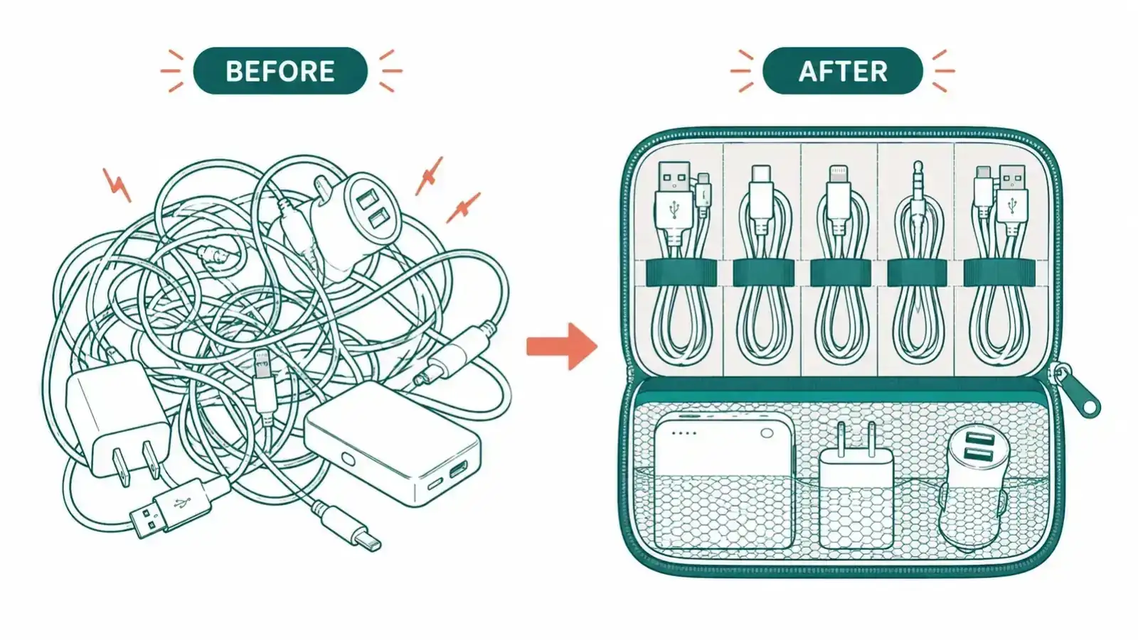 Side-by-side comparison showing a tangled pile of loose cables versus the same cables neatly stored in an FYY cable organizer pouch