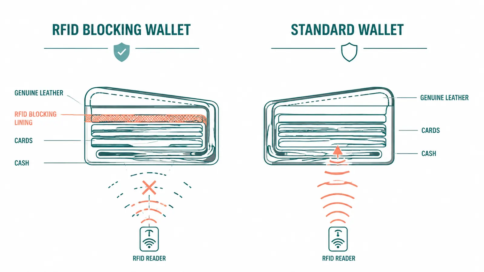 Diagram showing RFID blocking layers inside a passport wallet versus an unprotected wallet