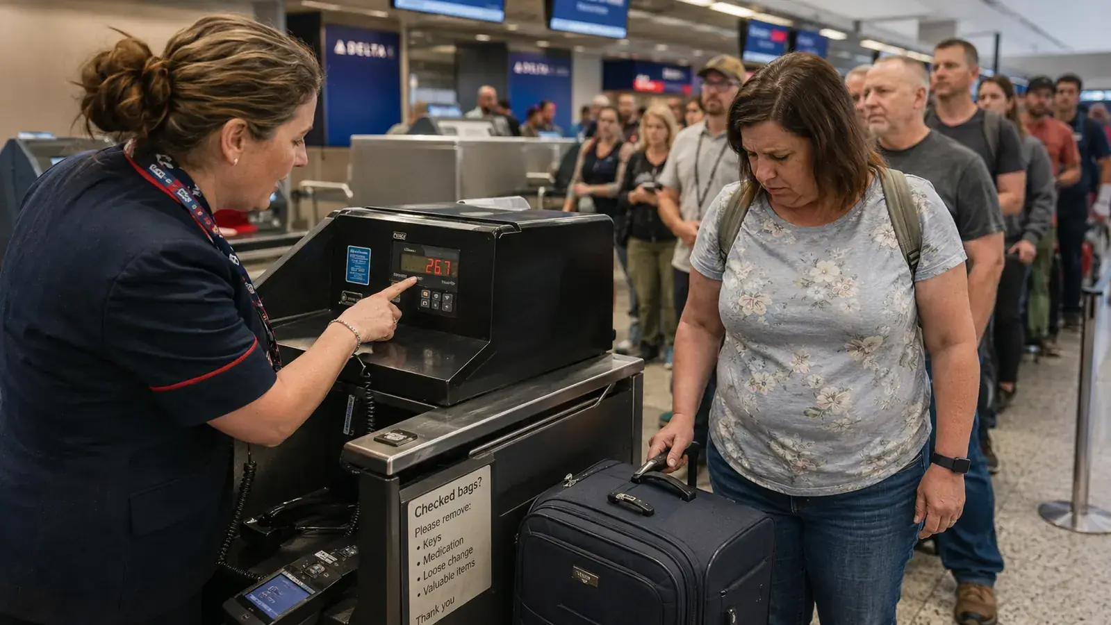 Airport check-in agent gesturing toward an overweight bag on the scale, traveler looking stressed