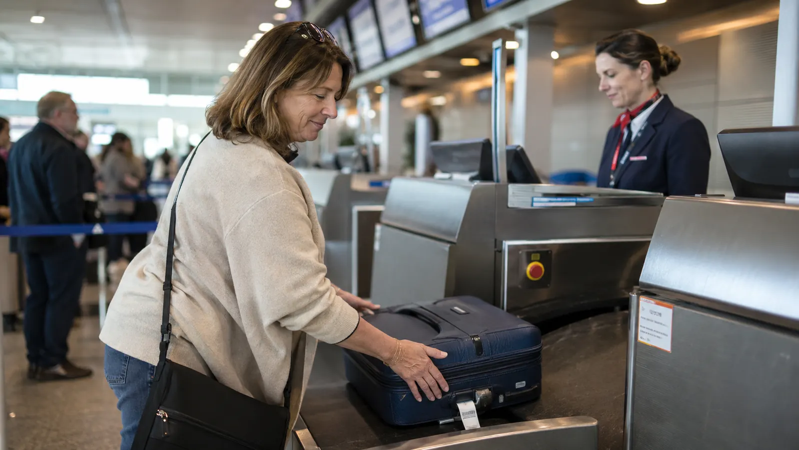 Airport check-in counter scene with traveler lifting suitcase onto belt, agent visible behind counter