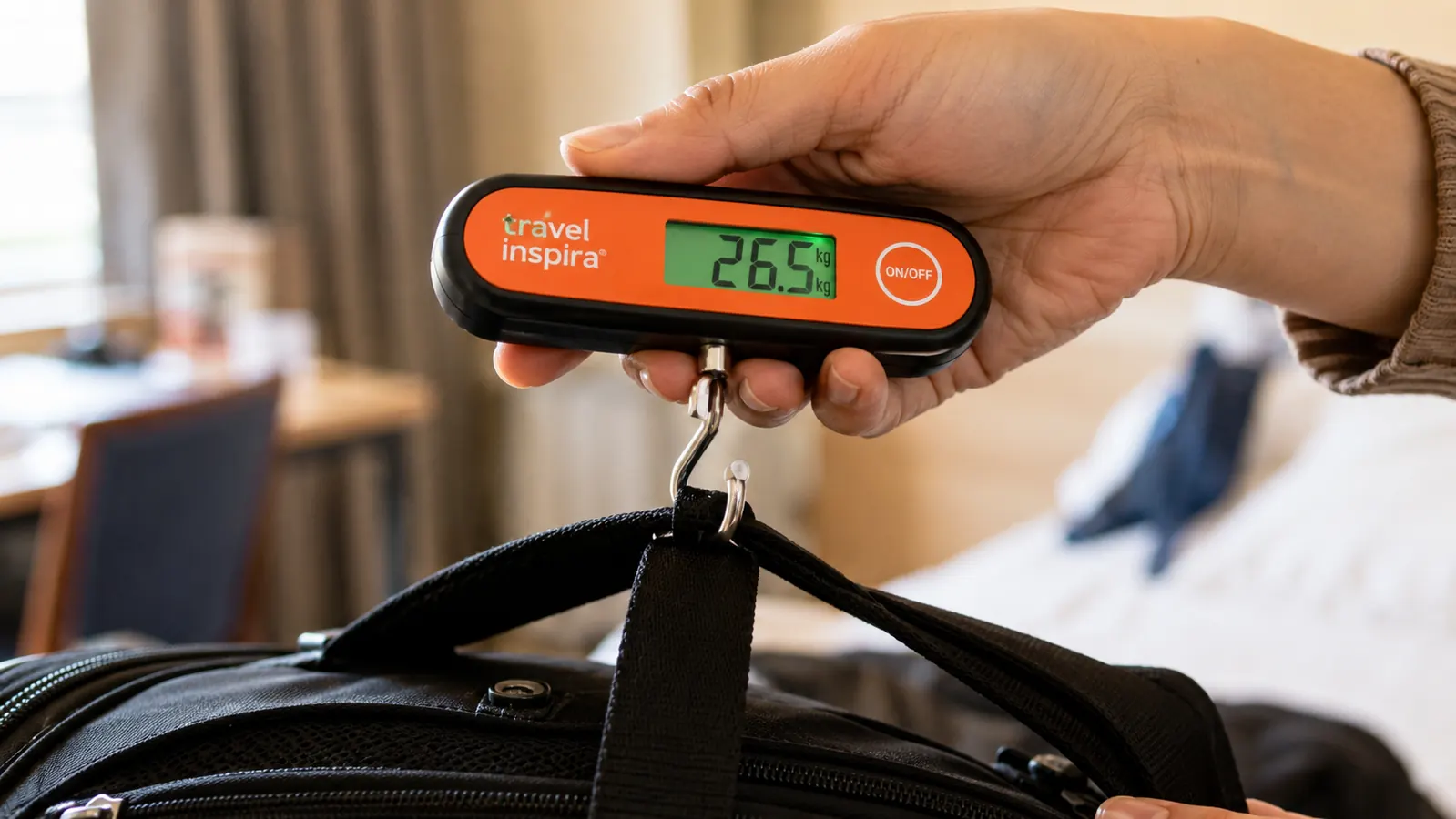 Hand holding a small digital luggage scale with a suitcase strap hooked to it, displaying weight reading
