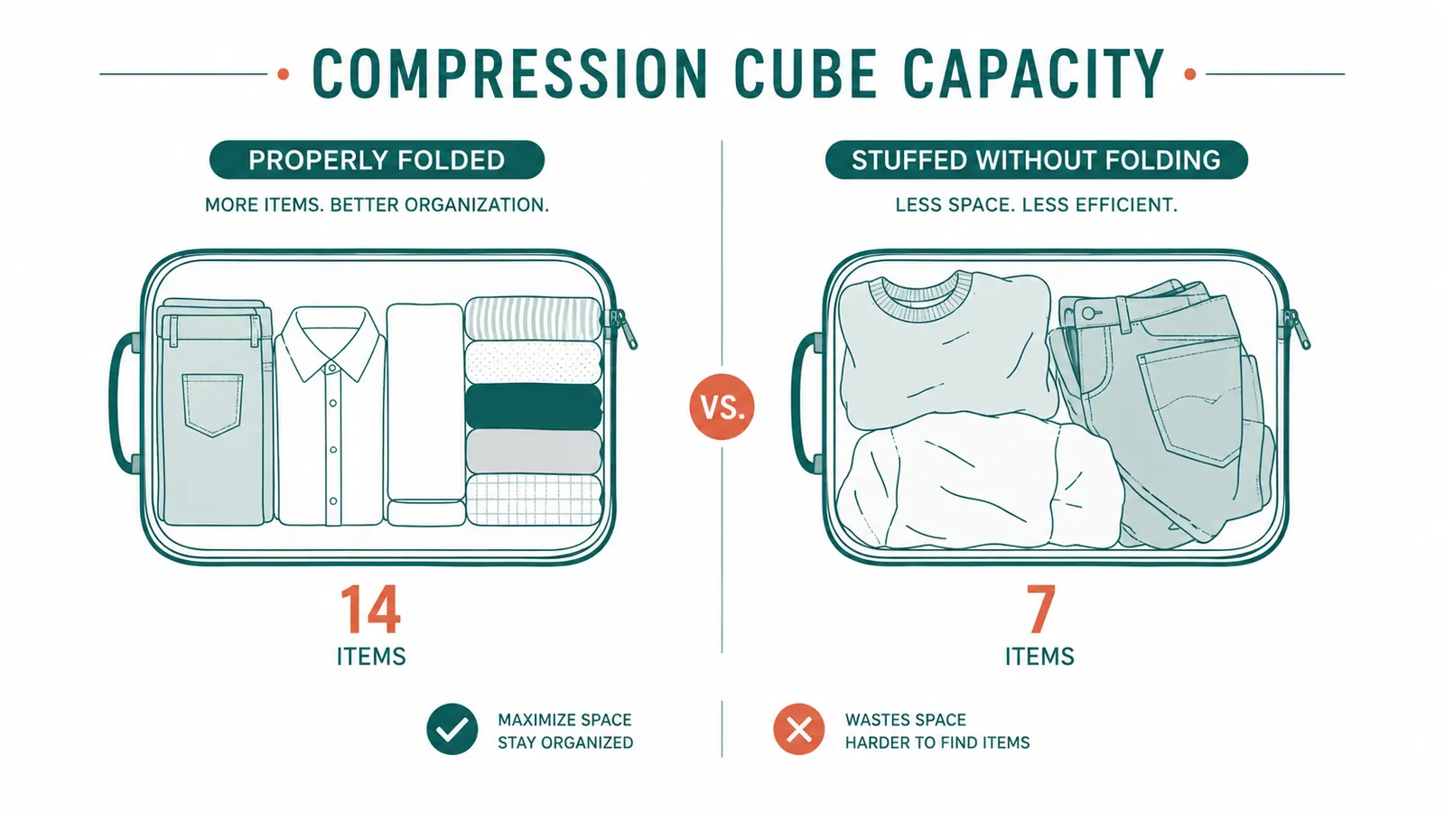 Side-by-side chart comparing what fits in a large Veken compression cube when folded properly versus stuffed without folding