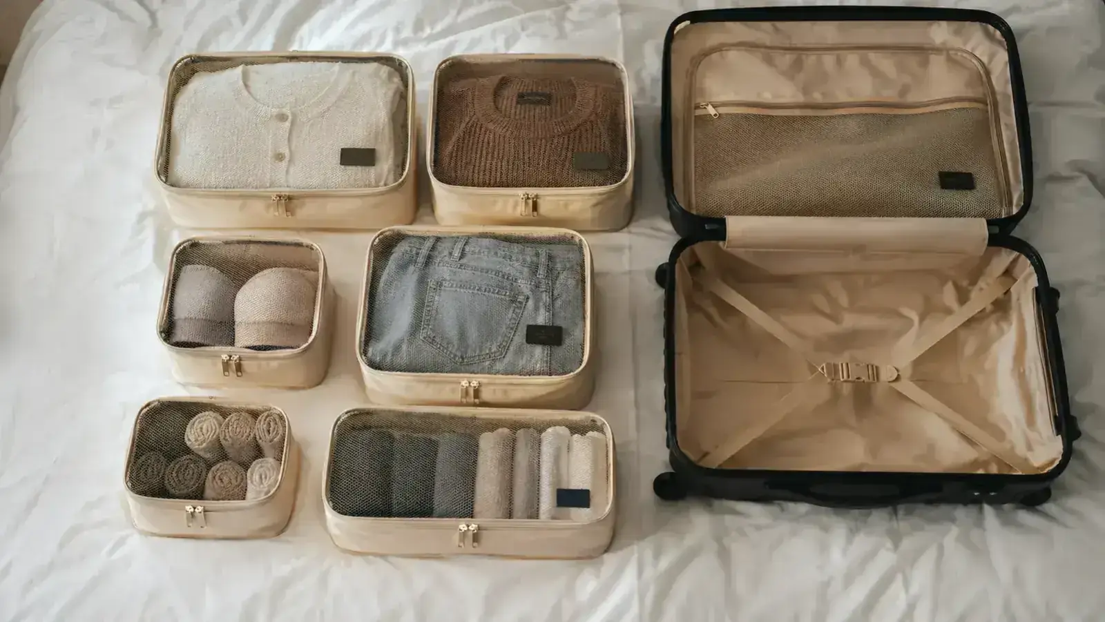 A set of neatly organized packing cubes laid out on a bed next to an open carry-on suitcase, ready to be packed