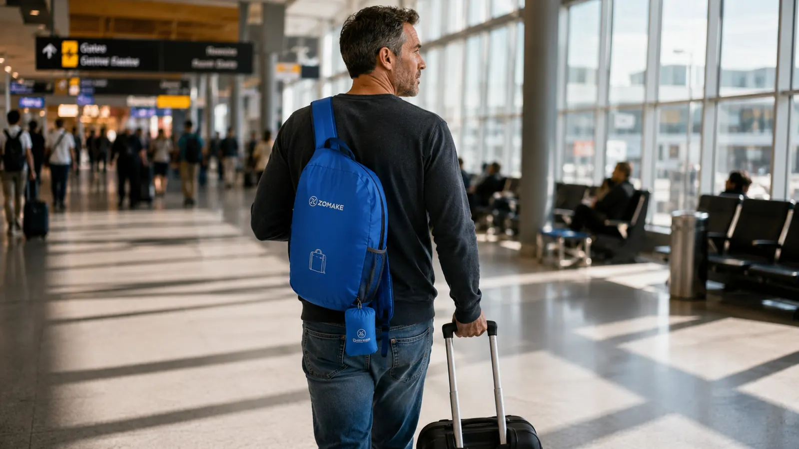 ZOMAKE packable daypack unfolded and worn over one shoulder in an airport terminal, traveler in motion