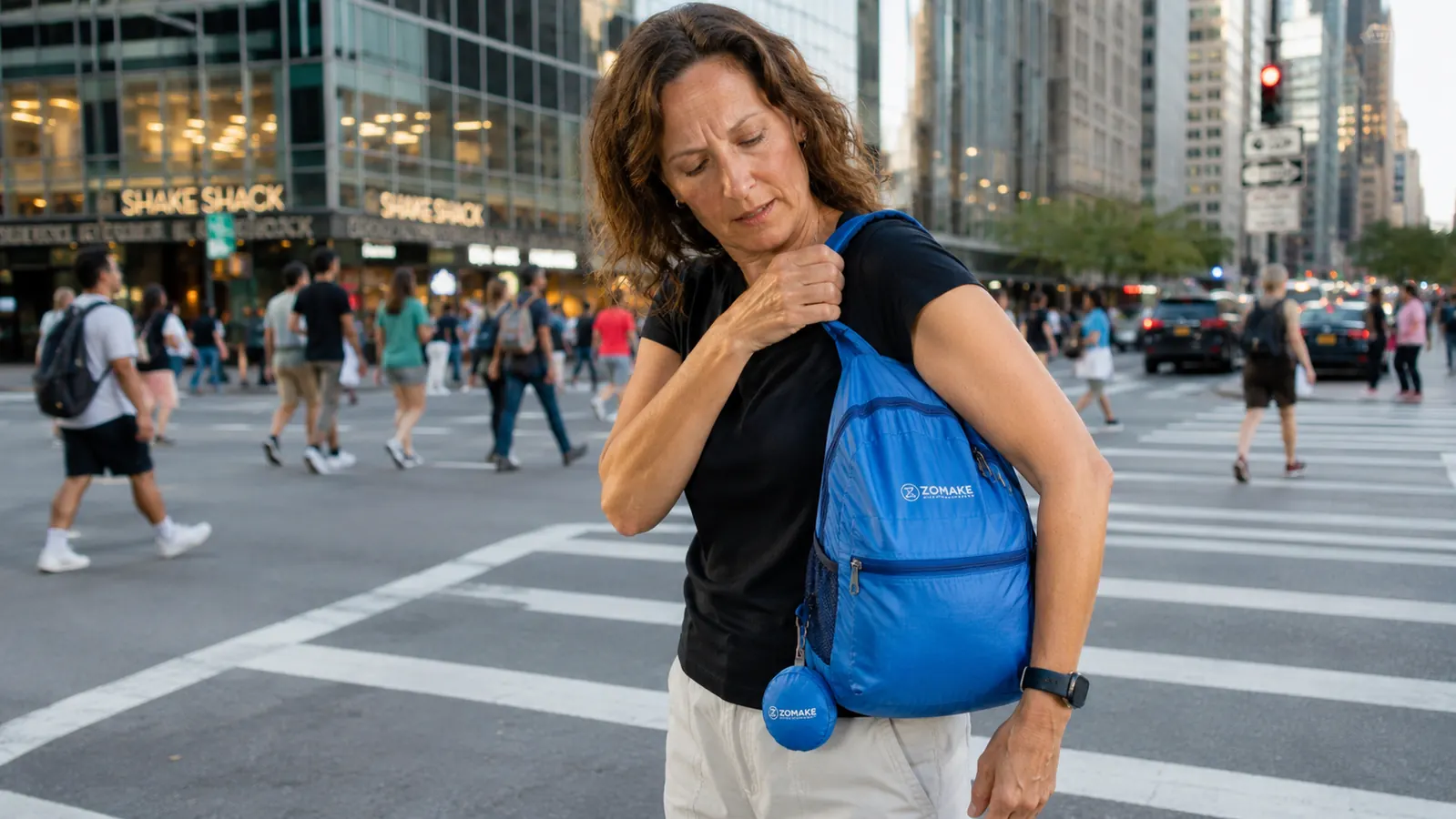 Close-up of a packable daypack shoulder strap being adjusted by a traveler at a city crosswalk