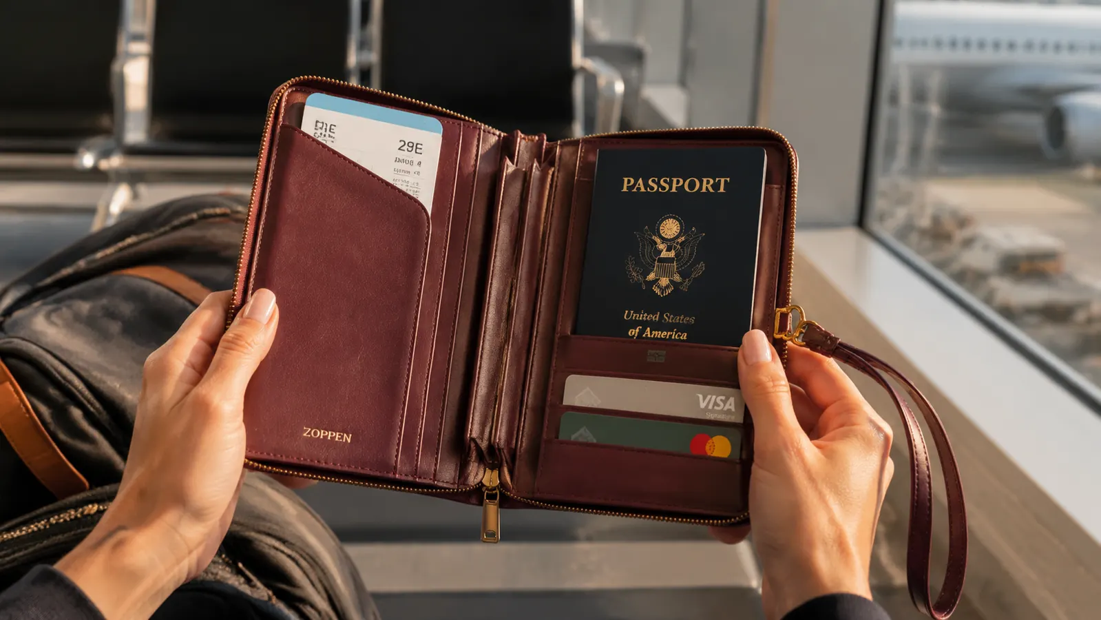 ZOPPEN passport wallet open in a traveler's hand showing passport, cards, and boarding pass slots