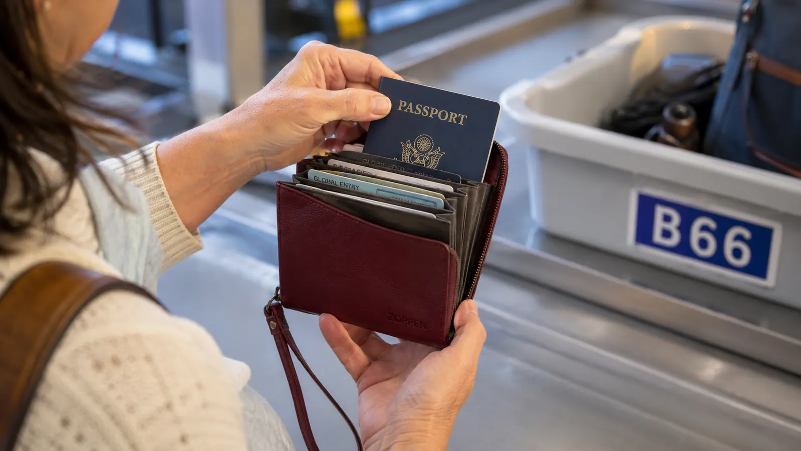 Close-up of the ZOPPEN passport wallet being opened at an airport security checkpoint, cards and passport visible inside