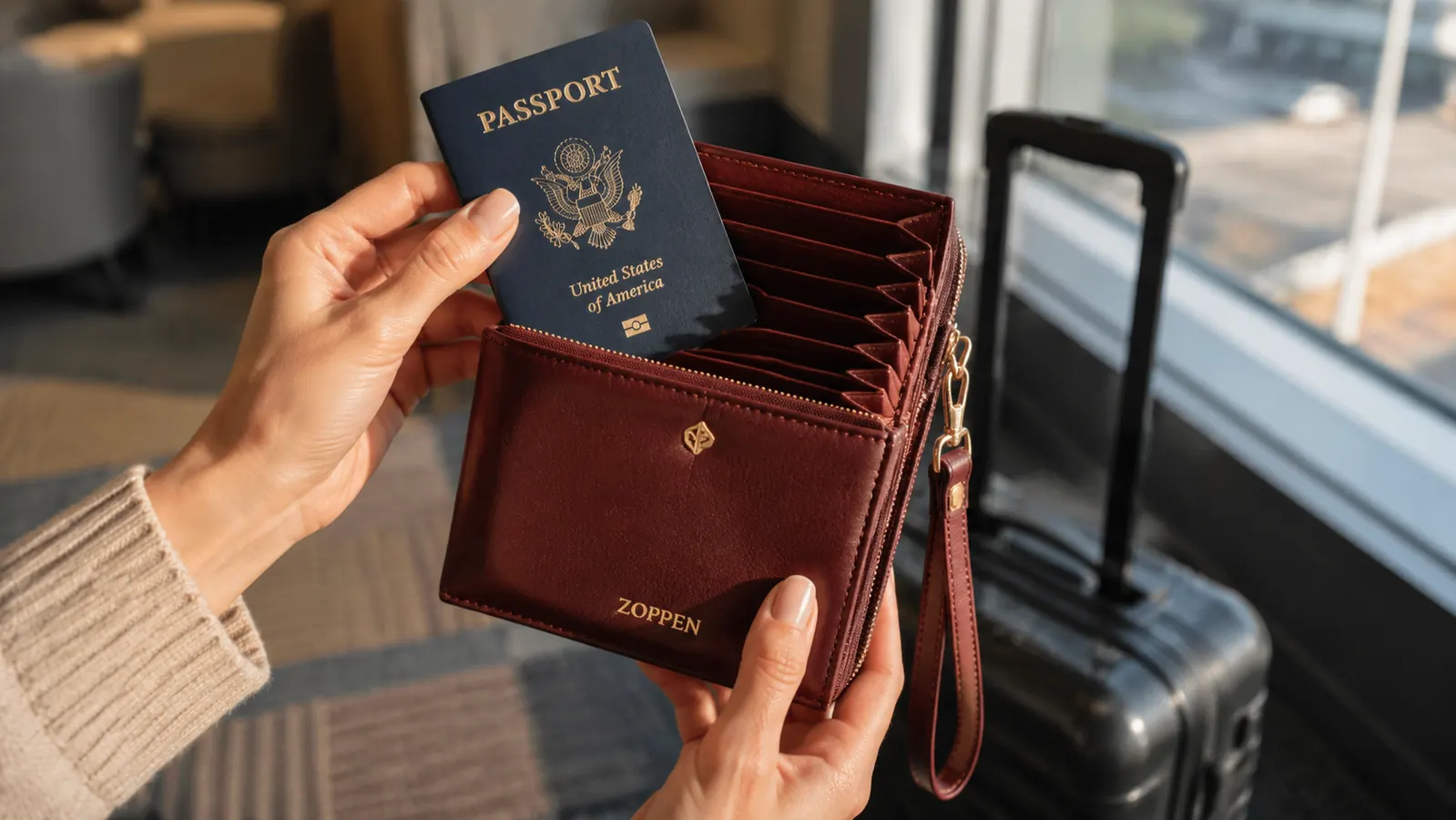 Hands sliding a passport into the ZOPPEN passport holder while a carry-on bag sits in the background