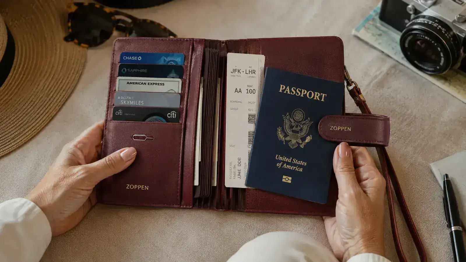 ZOPPEN passport wallet spread open showing all card slots, passport pocket, and document compartments fully loaded